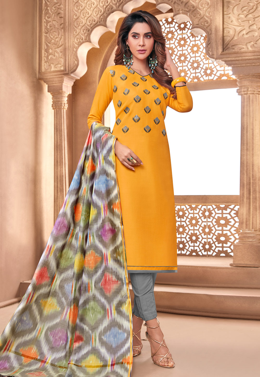Yellow Cotton Pant Style Suit 213968