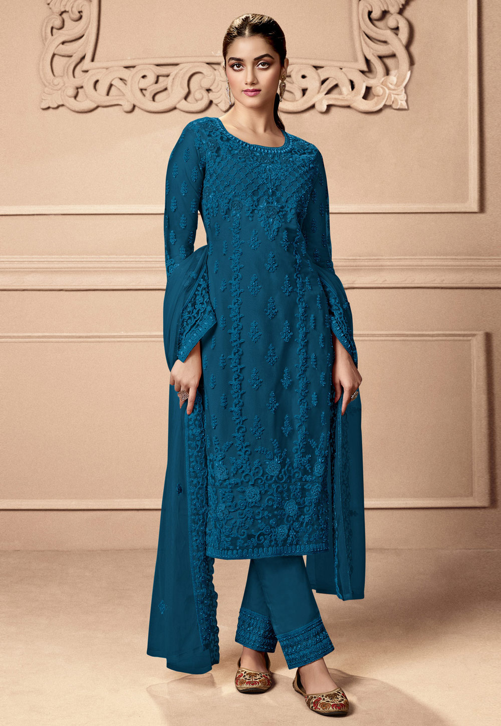 Blue Net Embroidered Pant Style Suit 259429