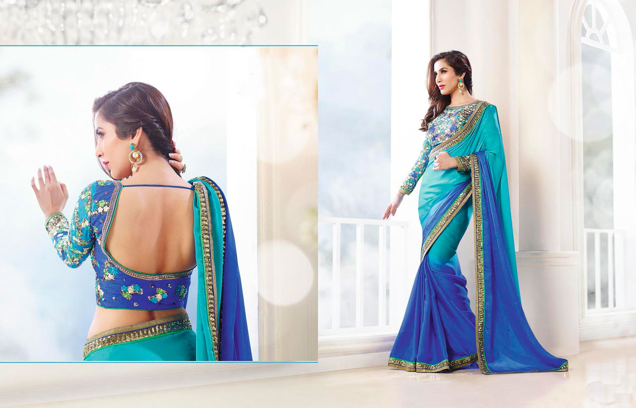 Sophie Choudry Turquoise Satin Georgette Bollywood Saree 43496