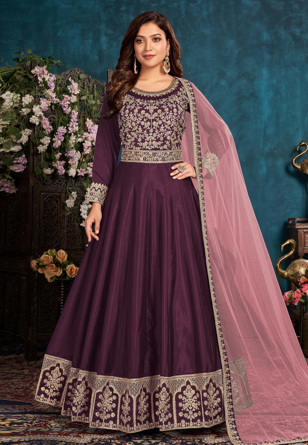 Purple Art Silk Abaya Style Anarkali Suit 239123