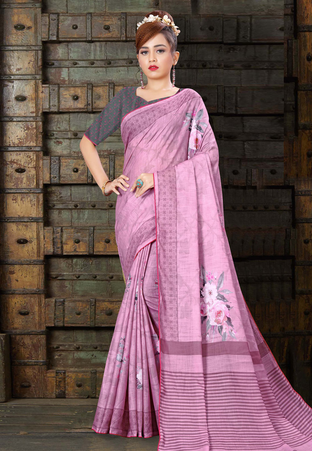 Pink Linen Printed Saree With Blouse 210186