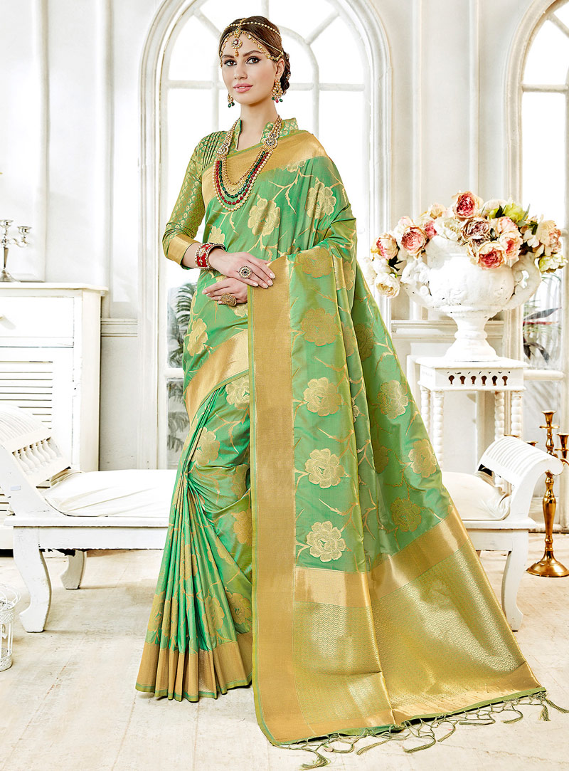 Sea Green Silk Saree With Blouse 129924