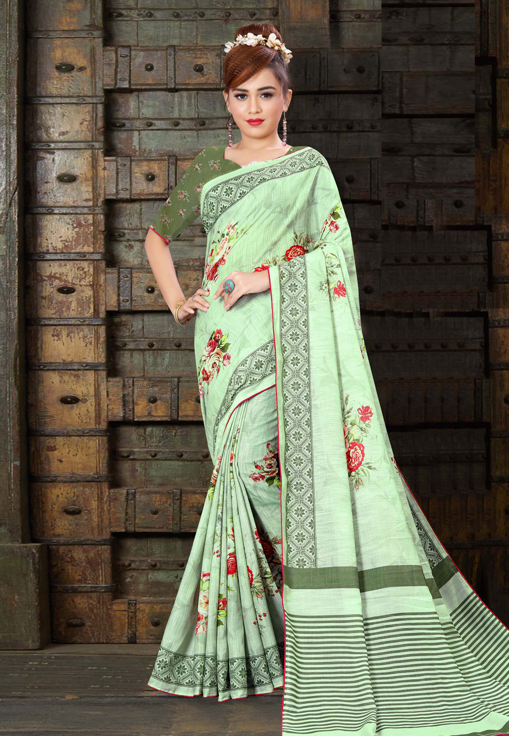 Light Green Linen Printed Saree With Blouse 210188