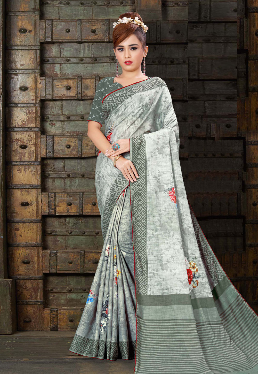 Grey Linen Printed Festival Wear Saree 210189