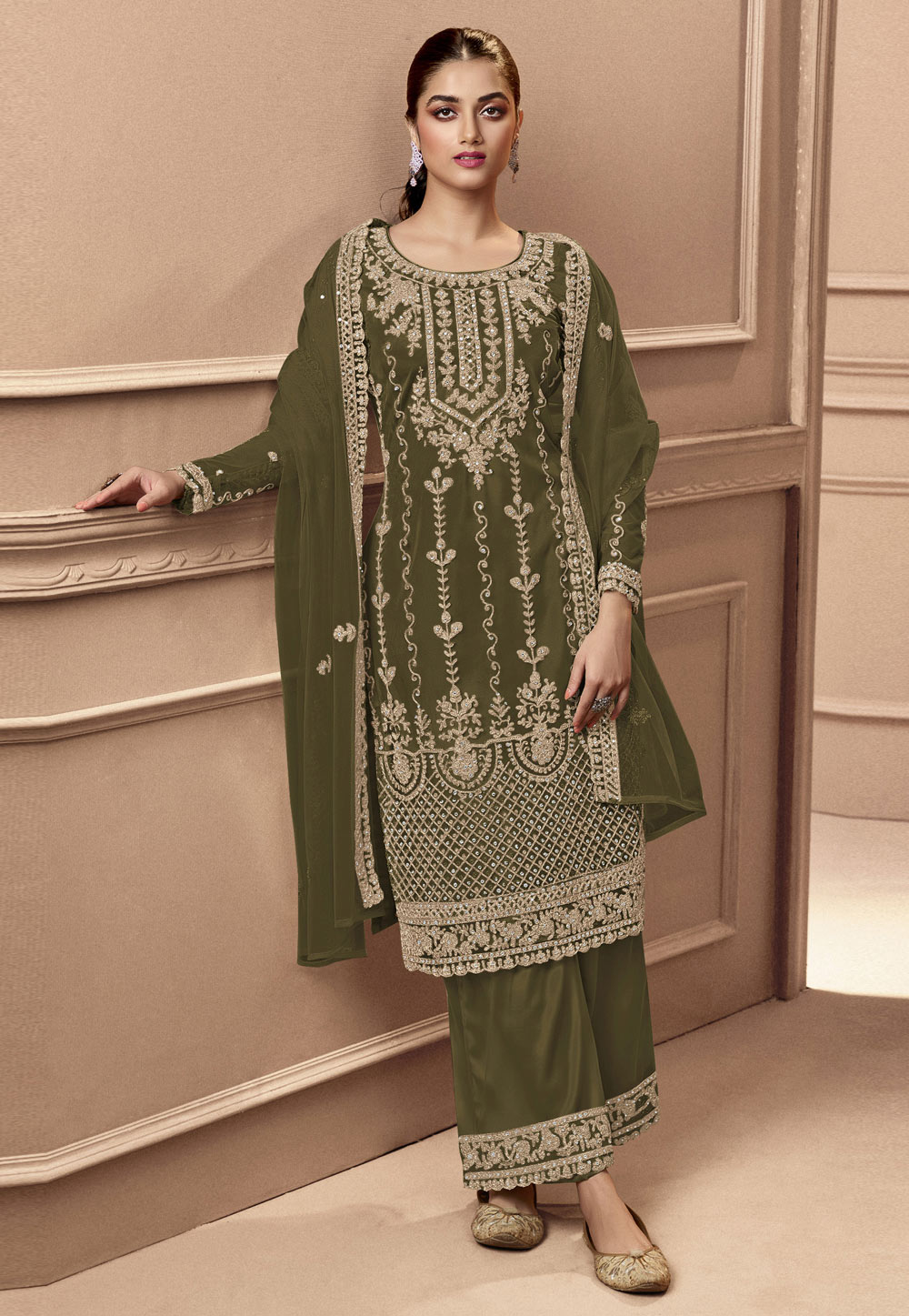 Camo Green Net Pakistani Suit 258545