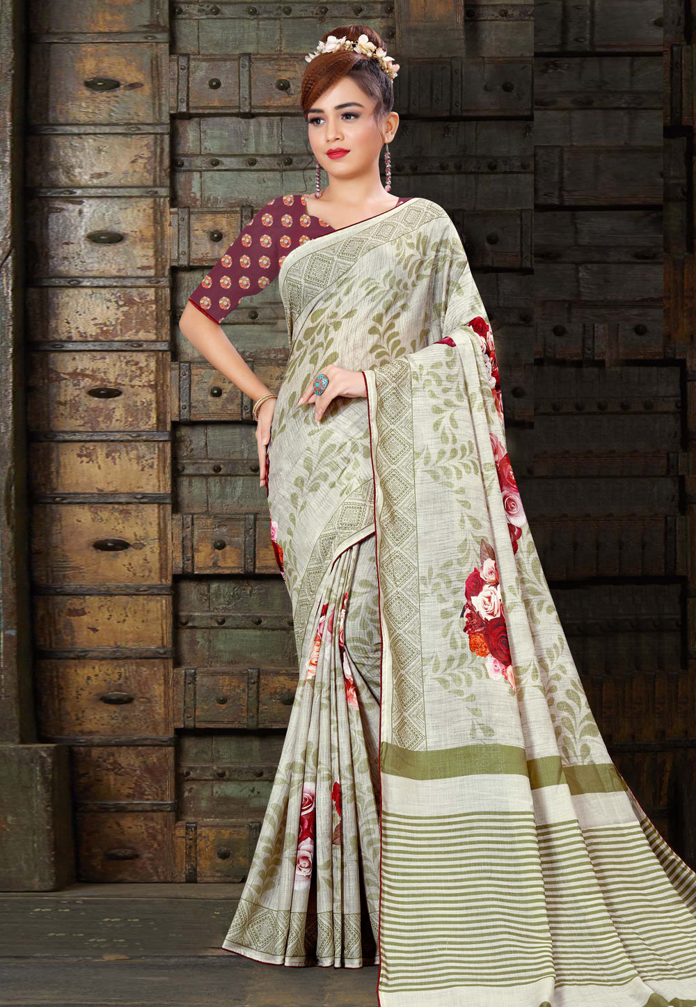 Light Green Linen Printed Saree With Blouse 210190