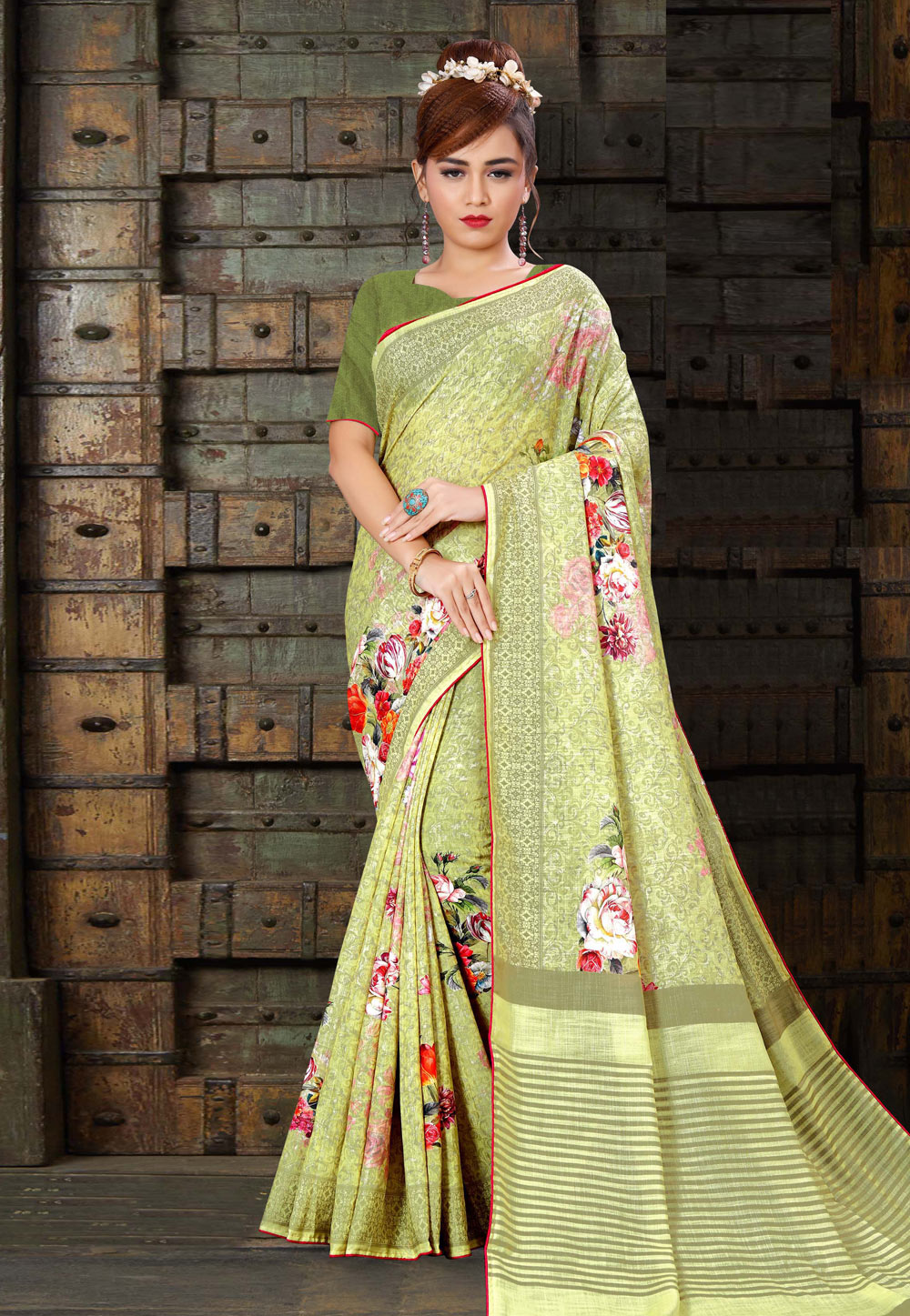 Light Green Linen Printed Saree With Blouse 210193