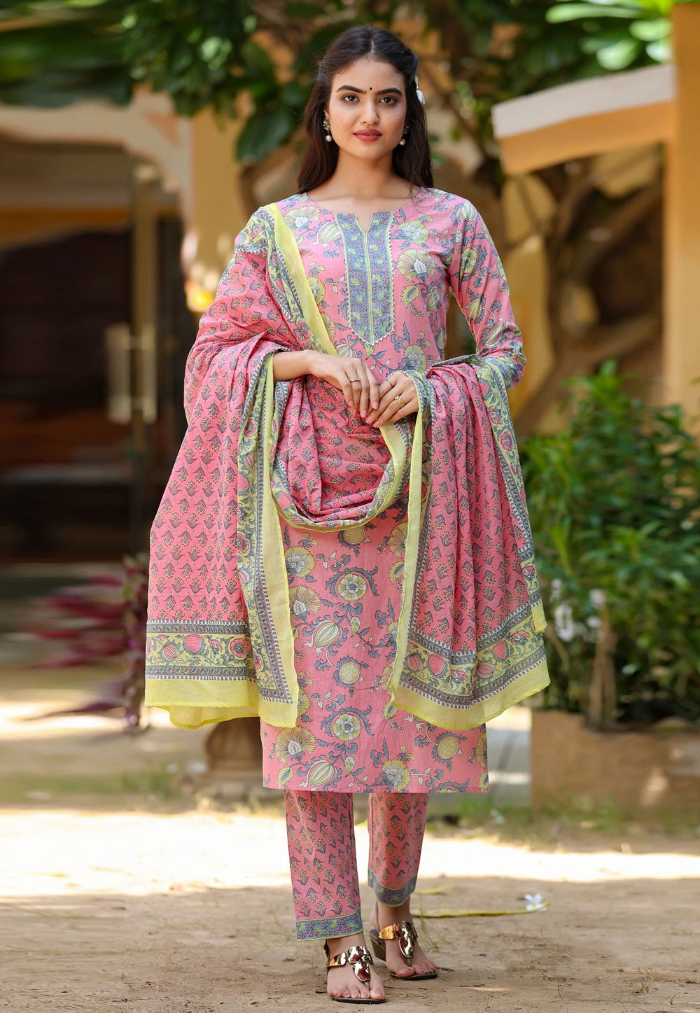 Pink Cotton Readymade Kameez With Pant 240455
