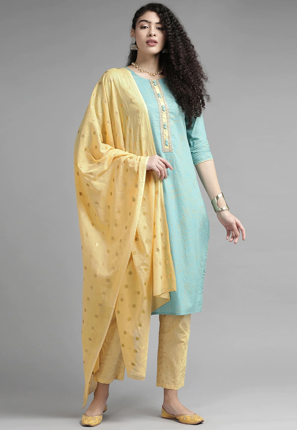 Sky Blue Cotton Readymade Pant Style Suit 240456