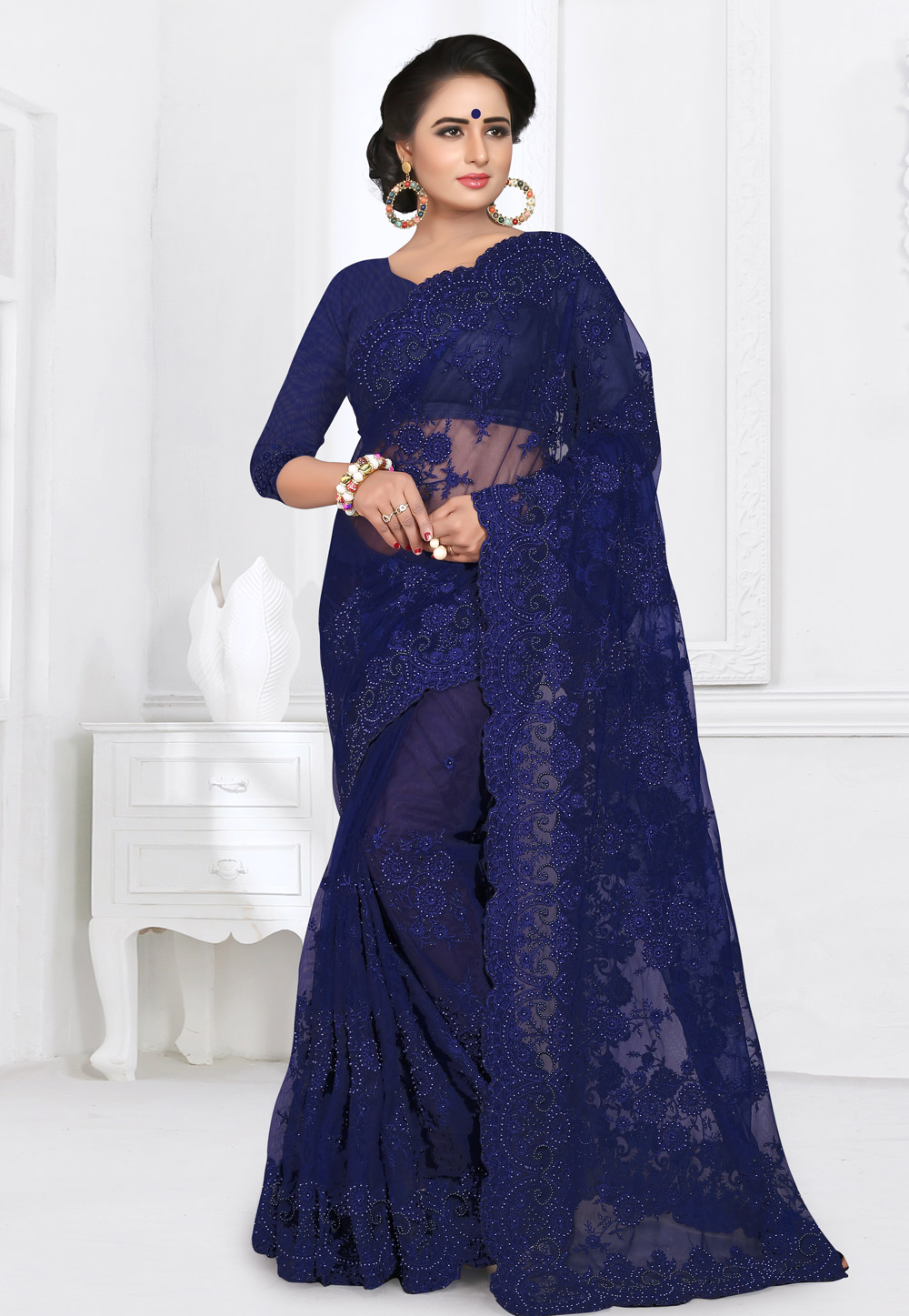 Navy Blue Net Saree With Blouse 155158