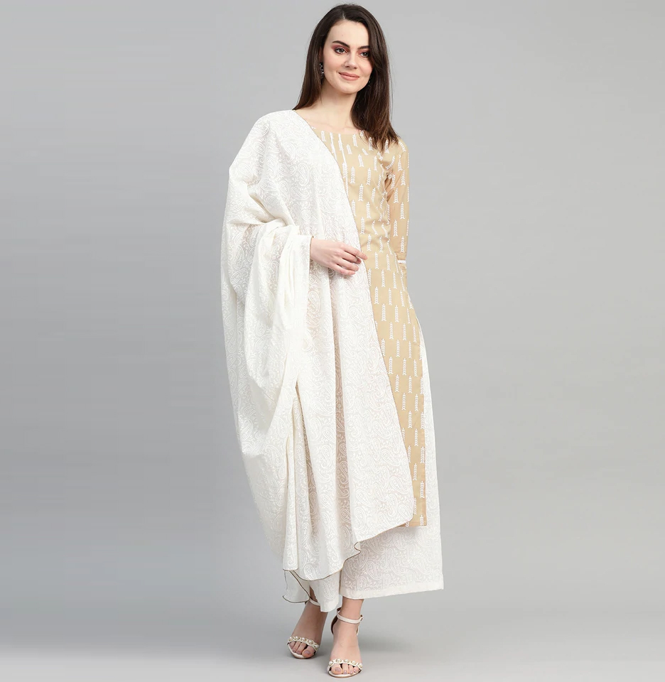 Beige Cotton Readymade Kameez With Palazzo 240466