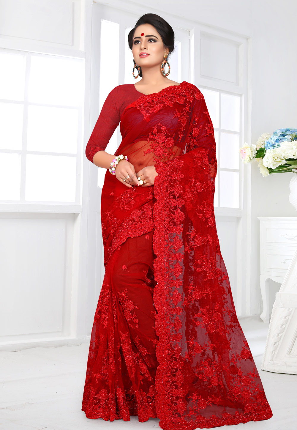 Red Net Festival Wear Saree 155159