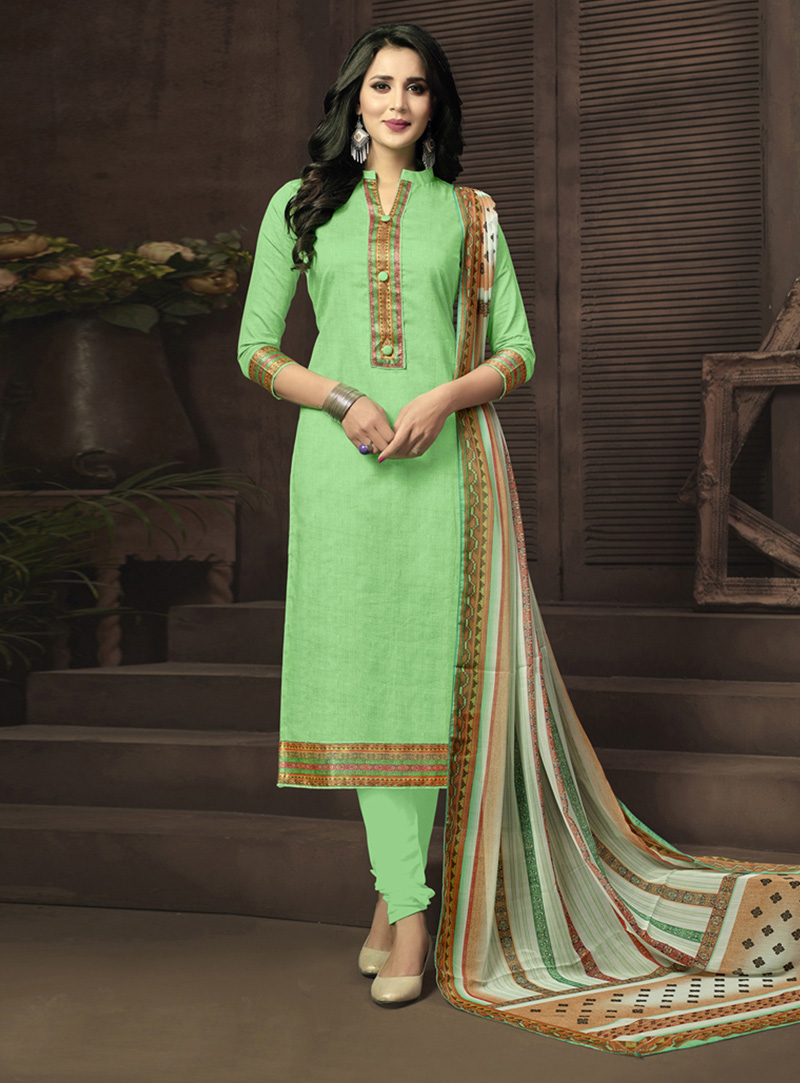 Light Green Cotton Satin Churidar Salwar Suit 133247