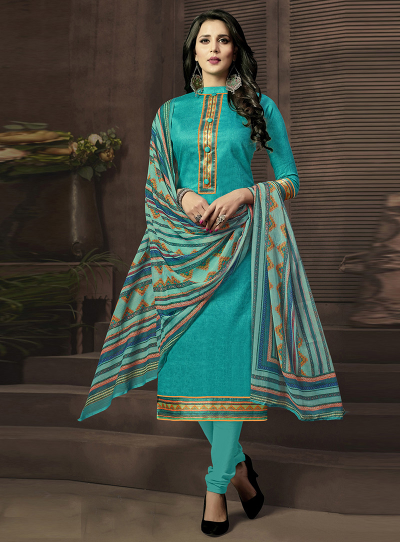 Blue Cotton Satin Churidar Salwar Suit 133251