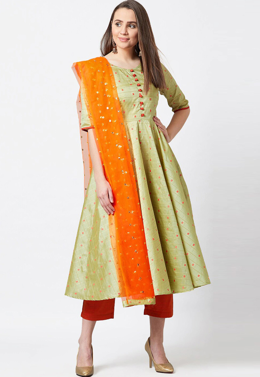 Light Green Silk Readymade Pant Style Suit 240677