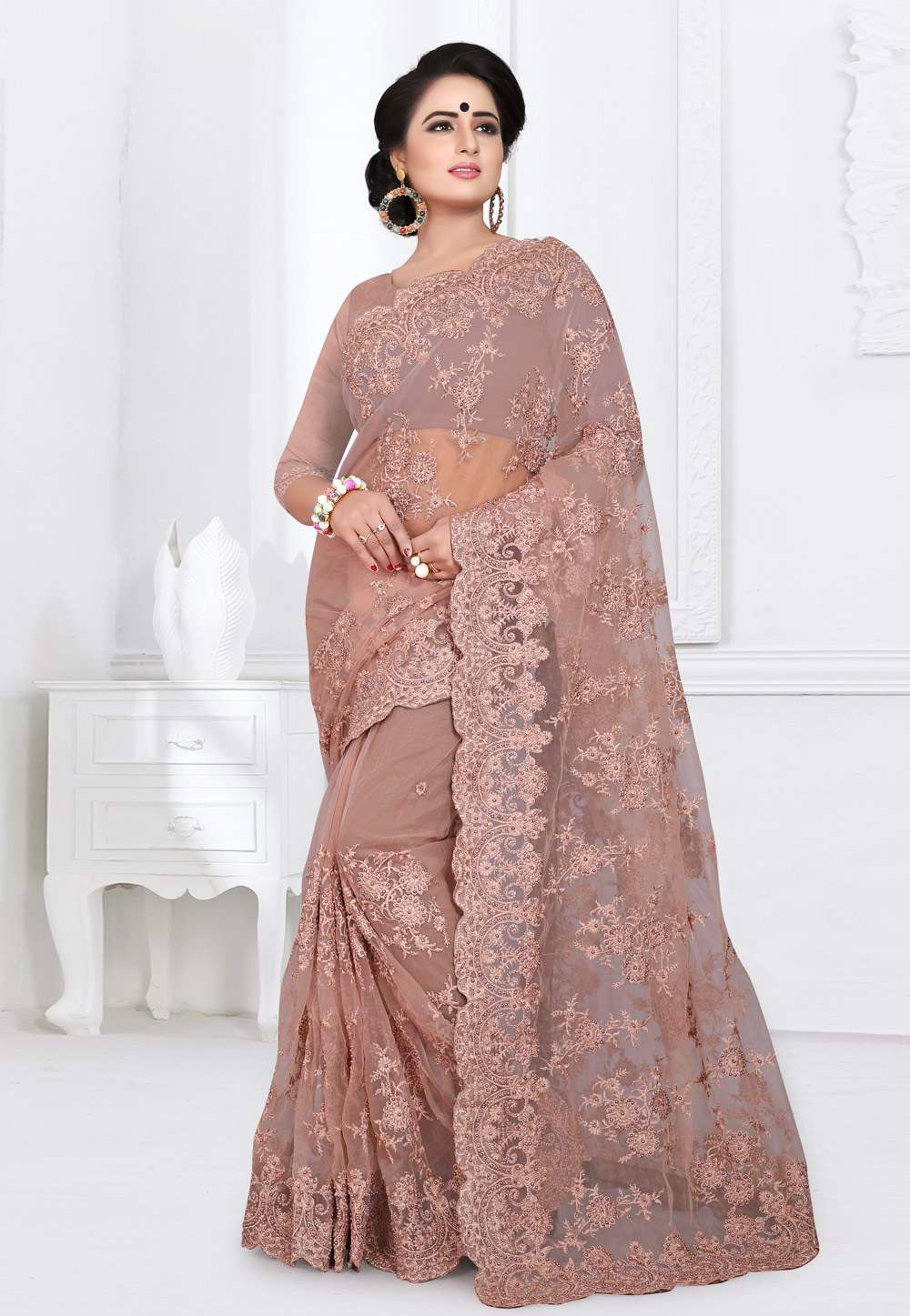 Shaded Pink Net Saree With Blouse 155162