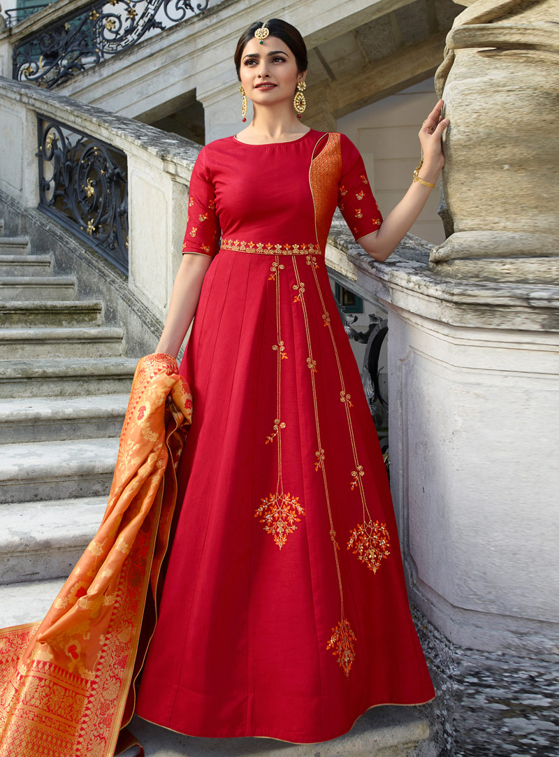 Prachi Desai Red Silk Readymade Long Anarkali Suit 144294