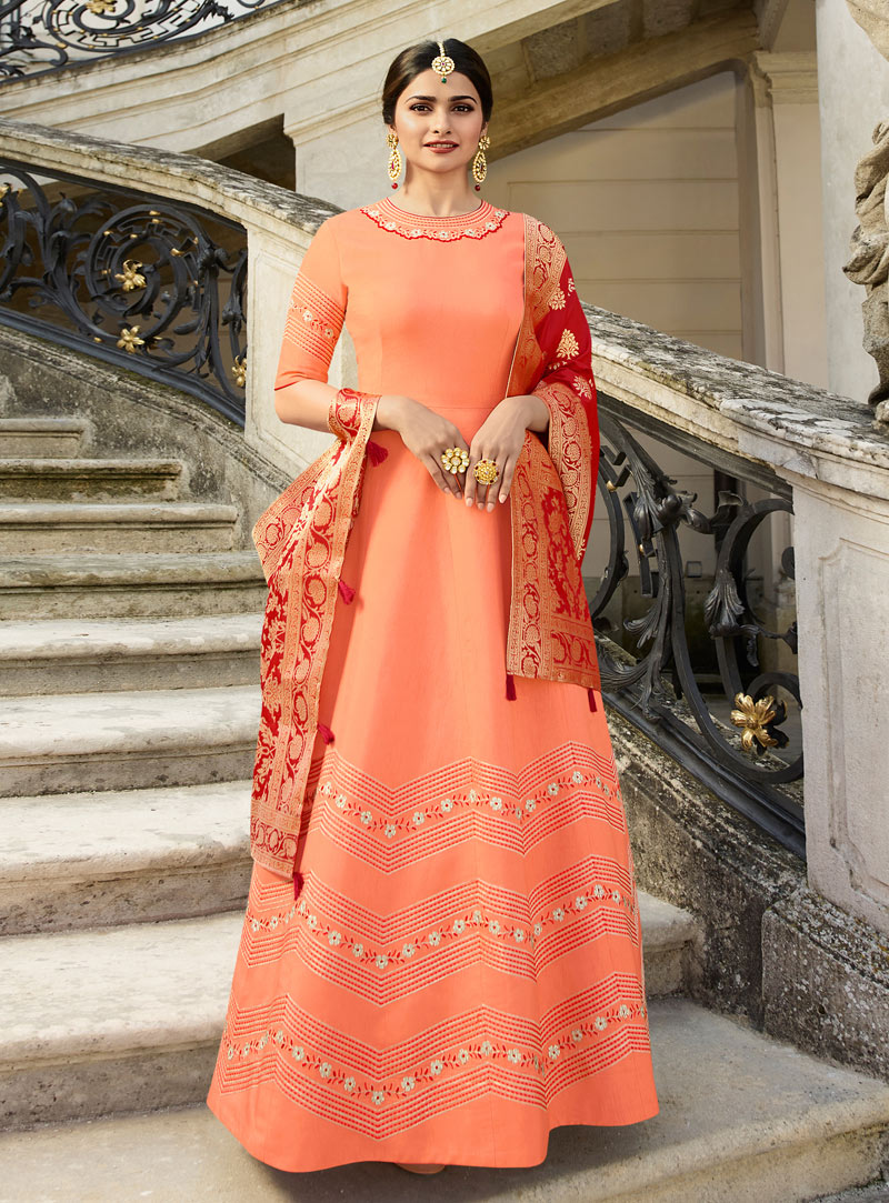 Prachi Desai Peach Silk Readymade Long Anarkali Suit 144296