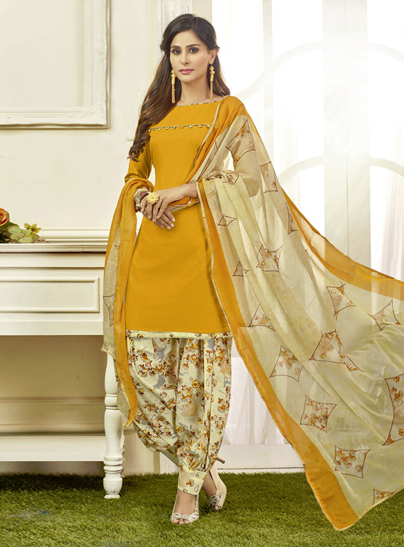 Yellow Cotton Satin Patiala Suit 133452