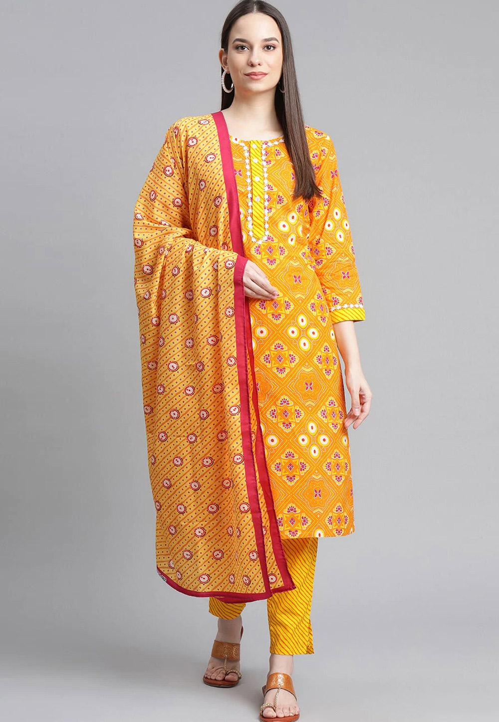 Mustard Cotton Readymade Pant Style Suit 240794