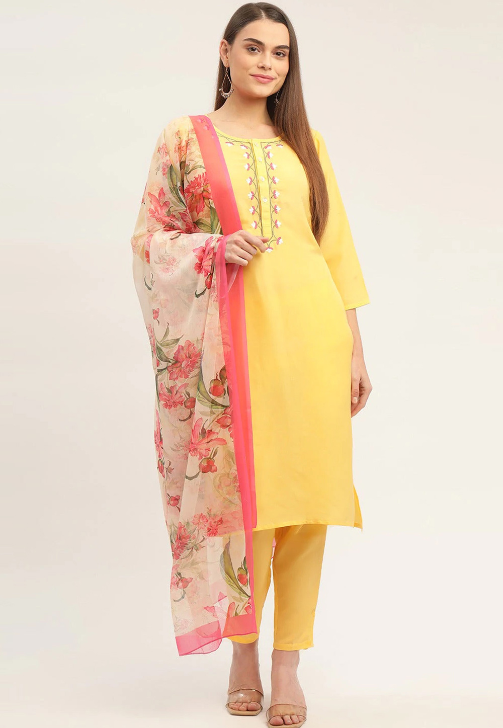Yellow Cotton Silk Readymade Pant Style Suit 240798