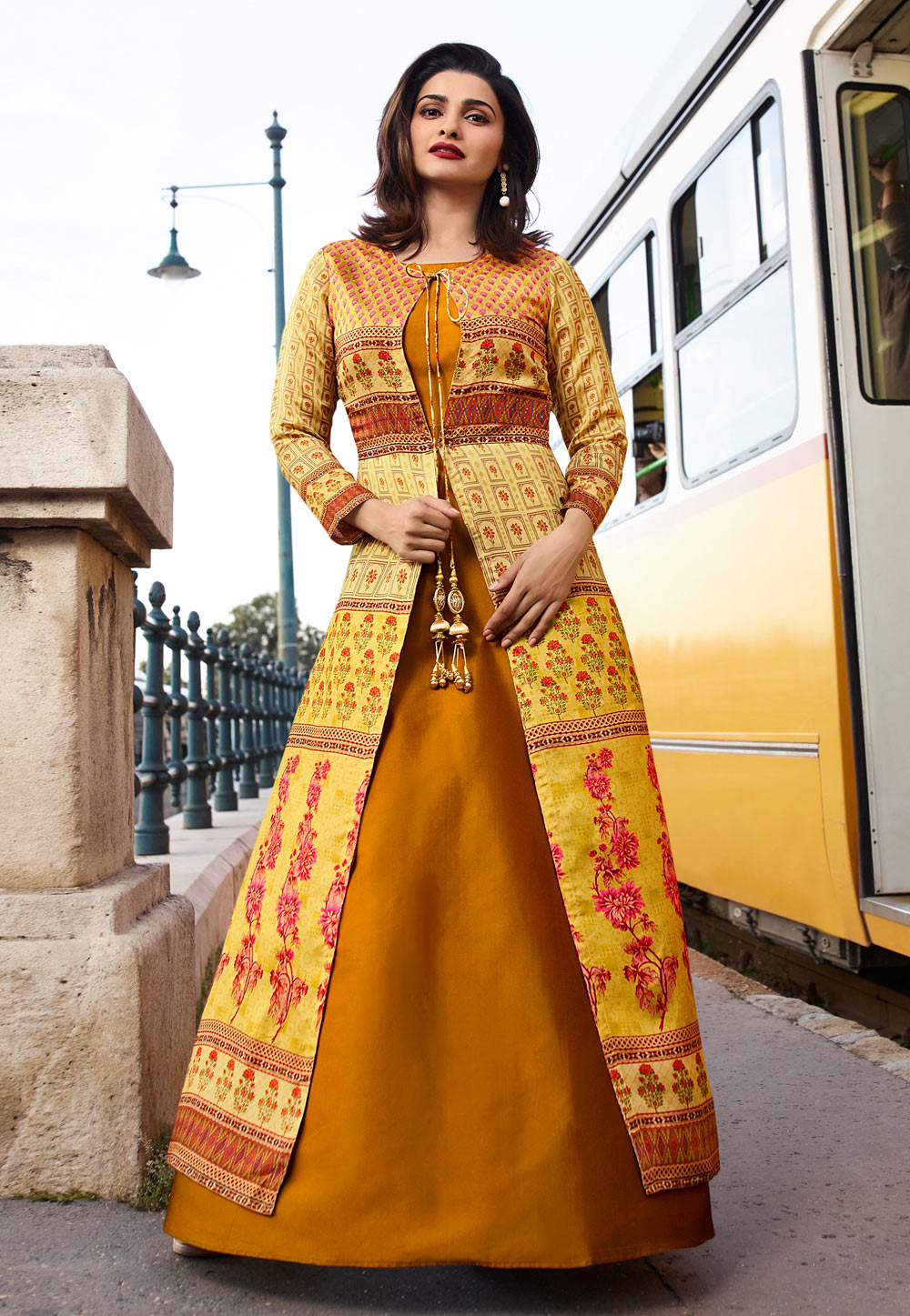 Prachi Desai Mustard Silk Readymade Gown 154128