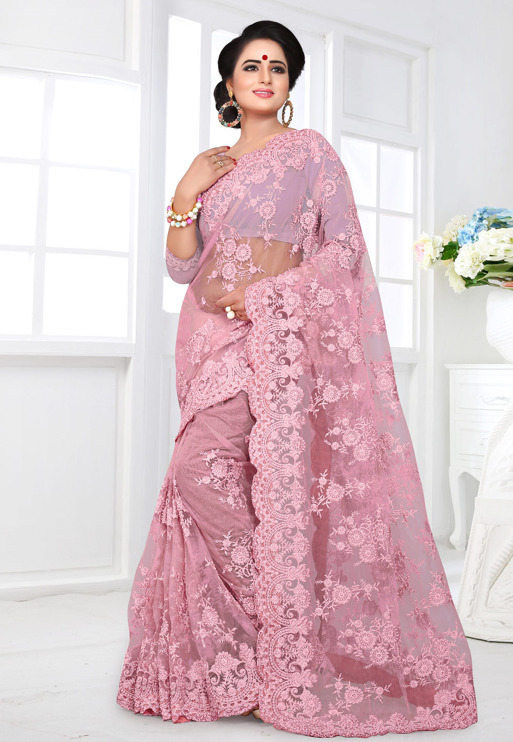Light Pink Net Saree With Blouse 155164