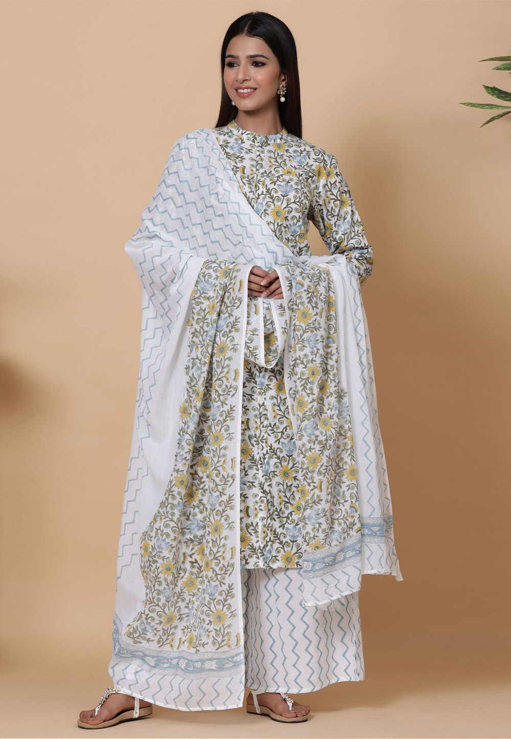 Off White Cotton Readymade Palazzo Suit 241172