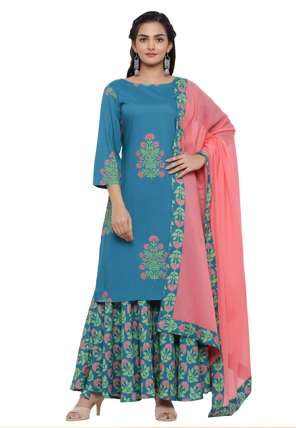 Blue Cotton Readymade Palazzo Suit 241174