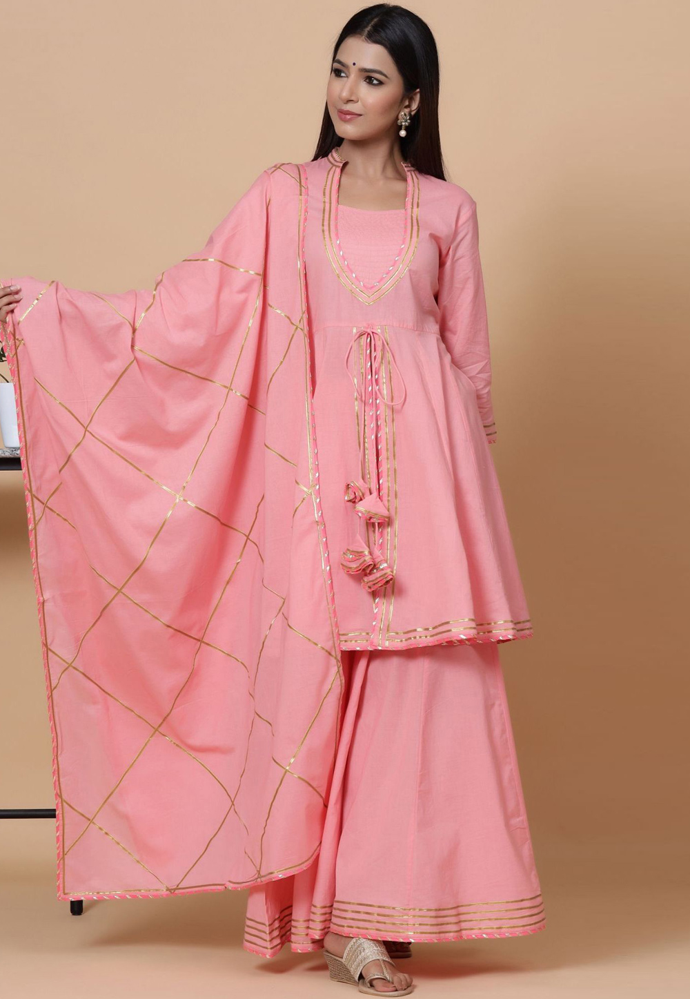 Pink Cotton Readymade Palazzo Suit 241175