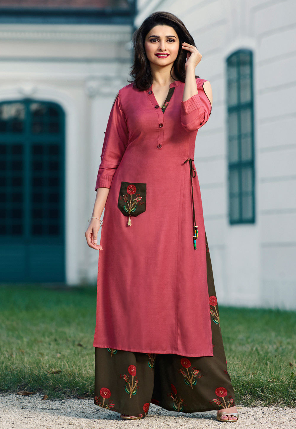Prachi Desai Pink Rayon Readymade Pakistani Style Suit 161030