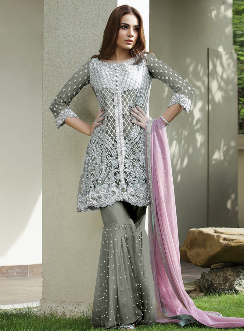 Olive Green Net Embroidered Sharara Style Suit 153615