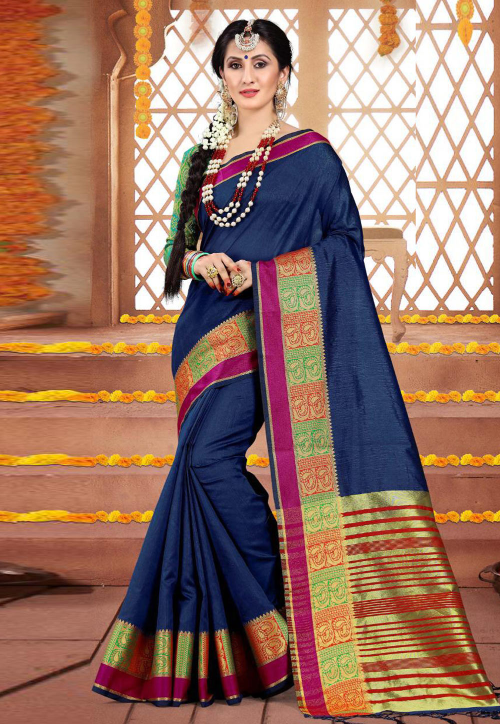 Navy Blue Cotton Saree With Blouse 163710