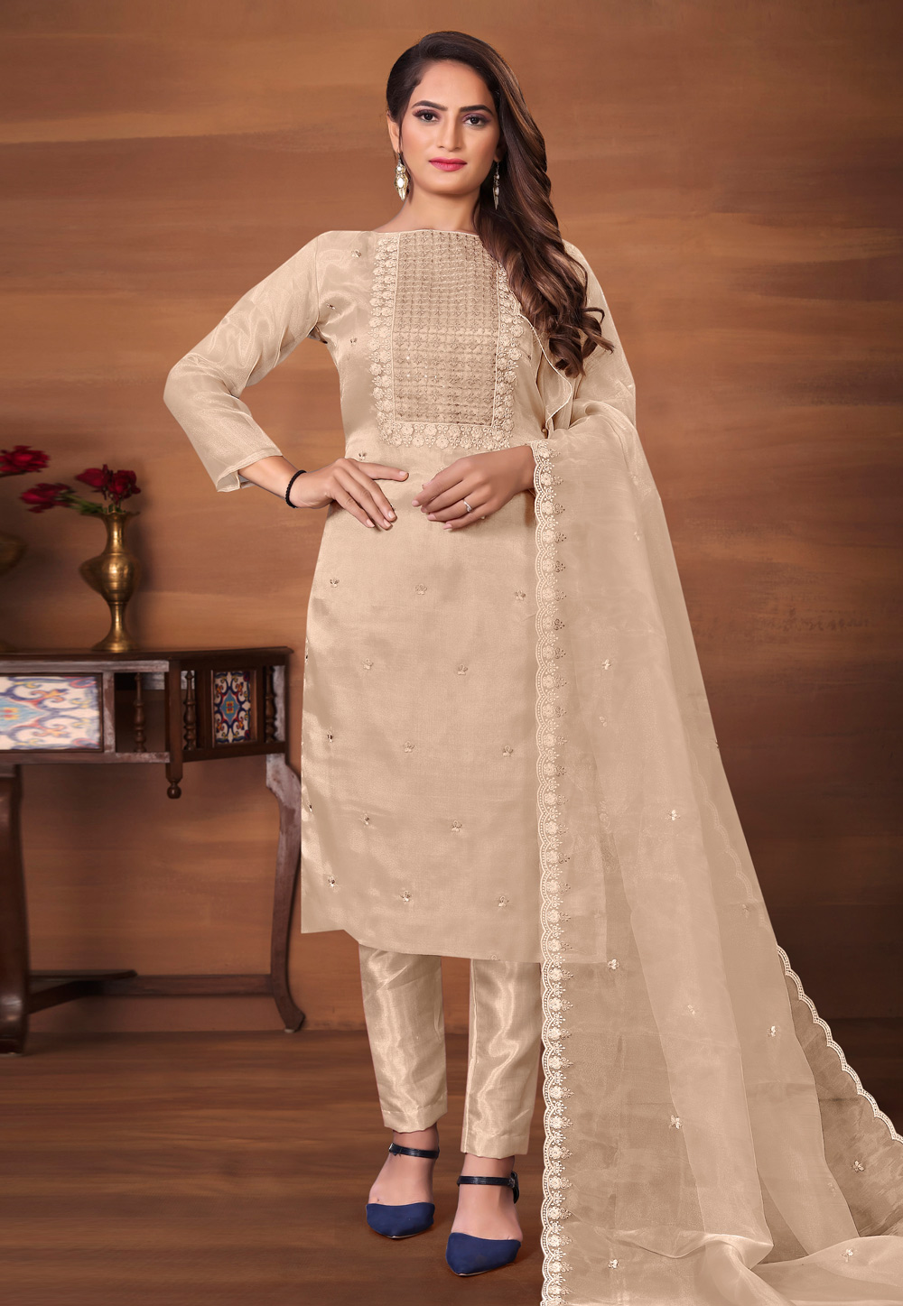 Beige Organza Pakistani Suit 264476