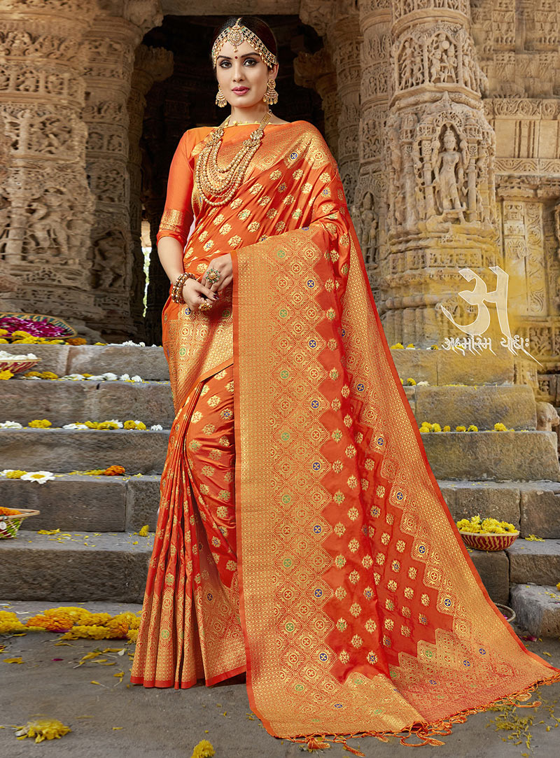 Orange Silk Saree With Blouse 133739