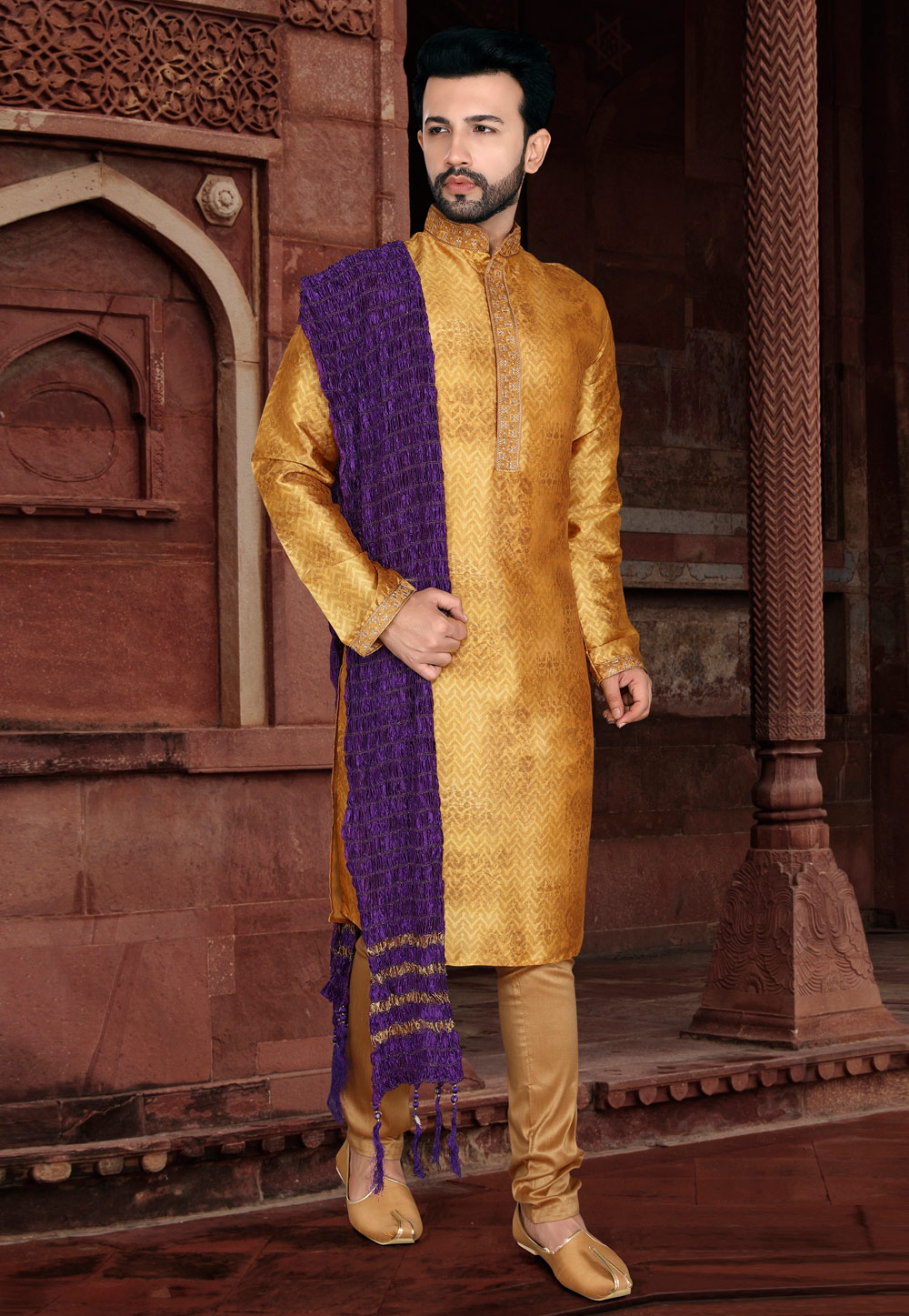 Yellow Jacquard Kurta Pajama 233918