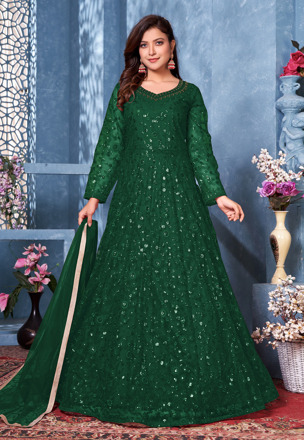 Green Net Embroidered Long Anarkali Suit 239821