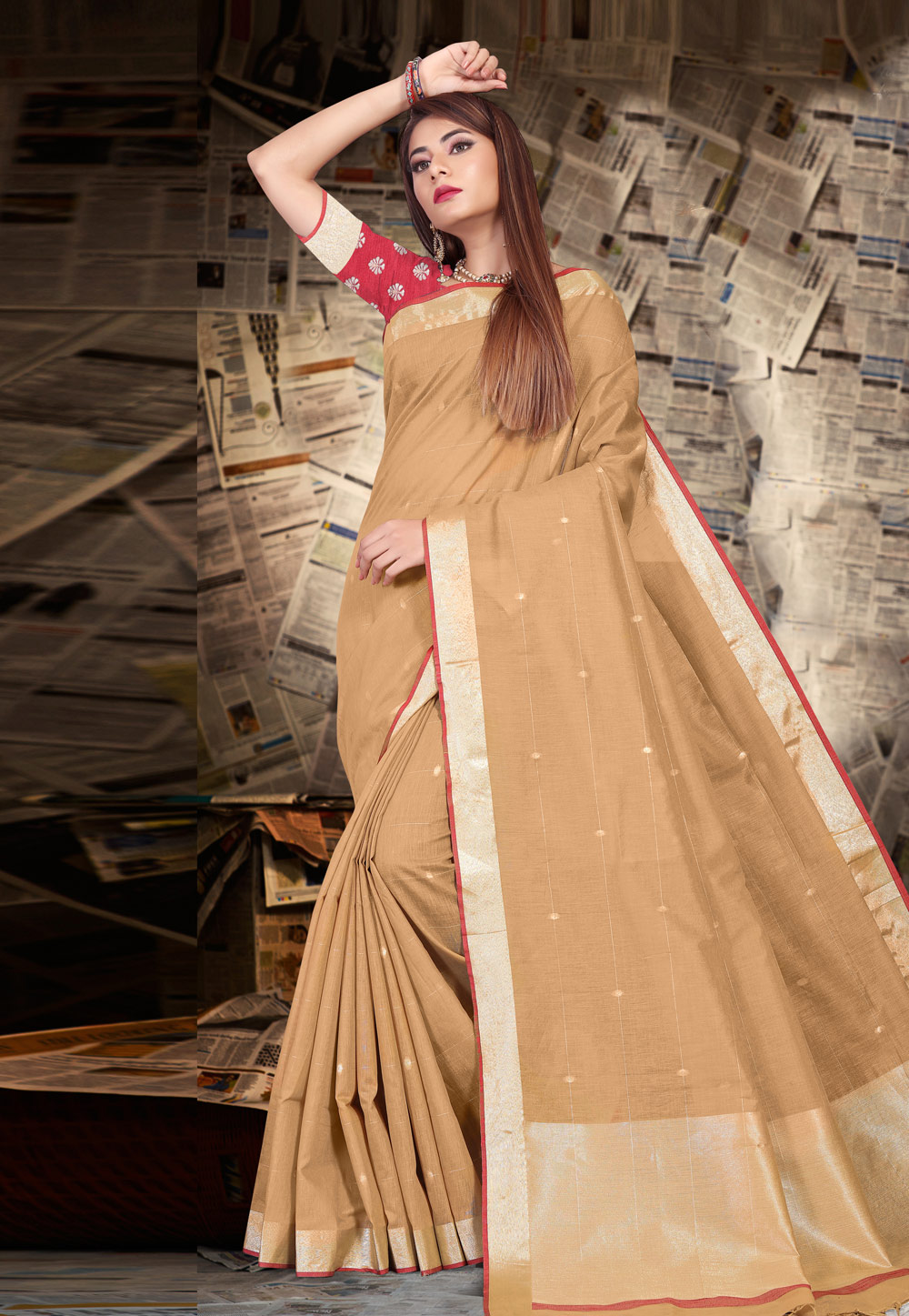 Beige Linen Saree With Blouse 216203