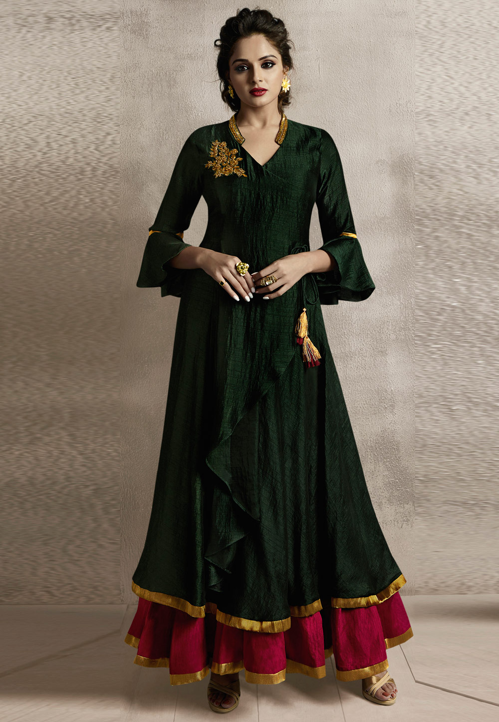Green Linen Readymade Long Gown 155982