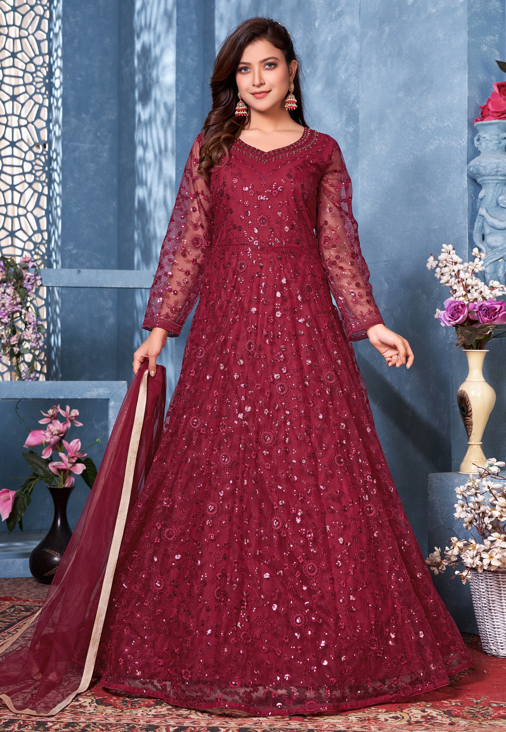 Maroon Net Embroidered Abaya Style Anarkali Suit 239824