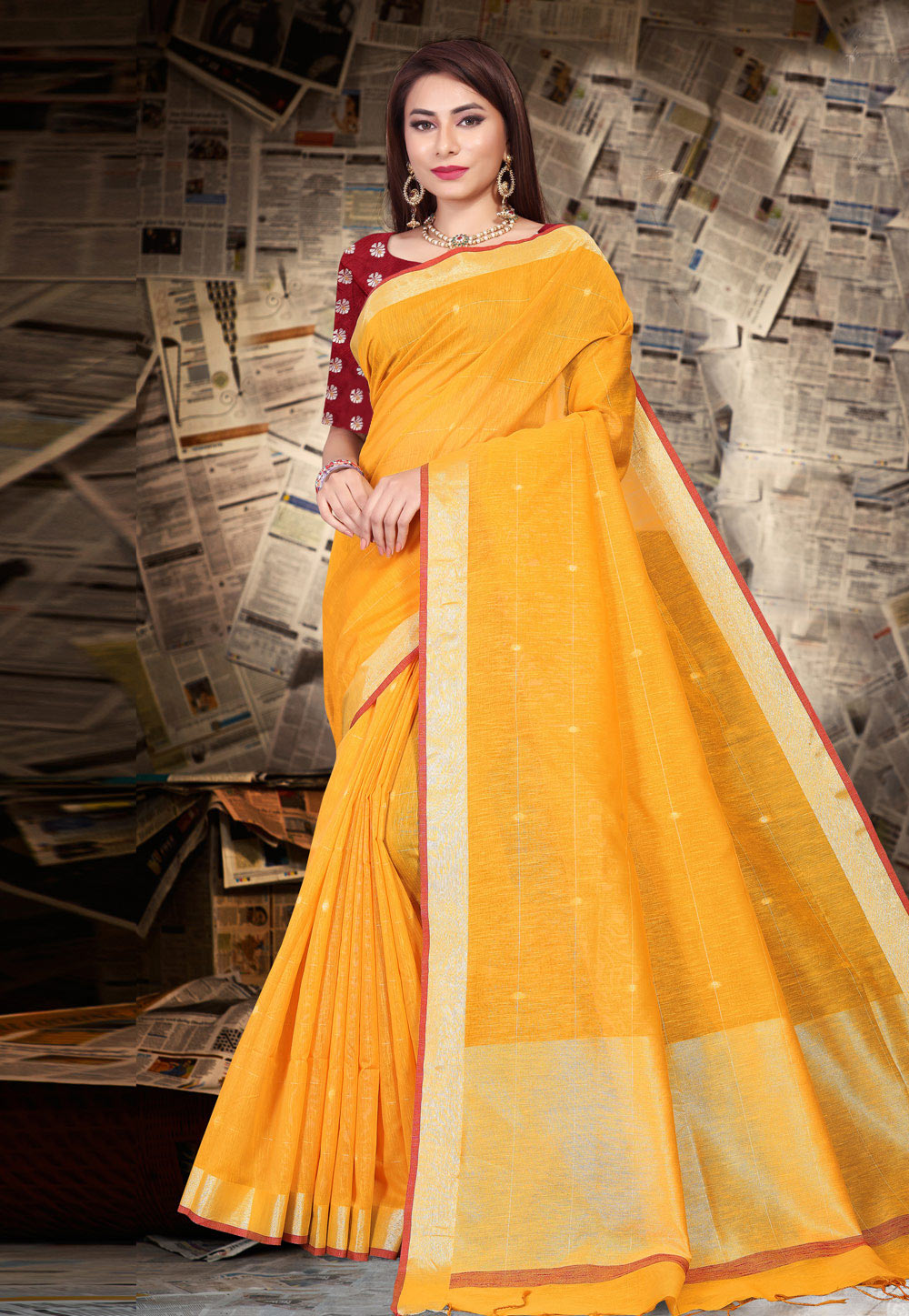 Yellow Linen Saree With Blouse 216205