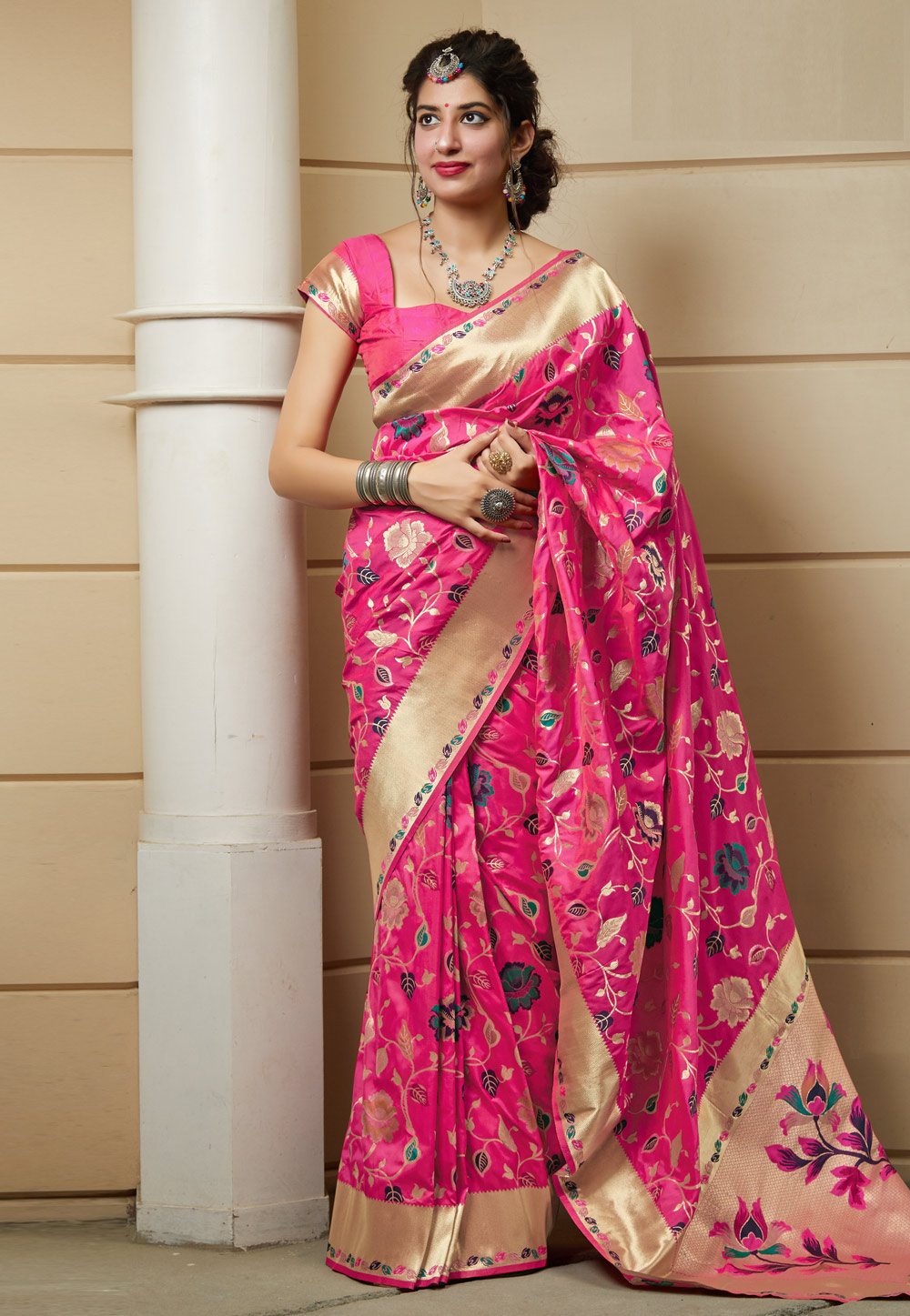 Pink Banarasi Silk Saree With Blouse 211498