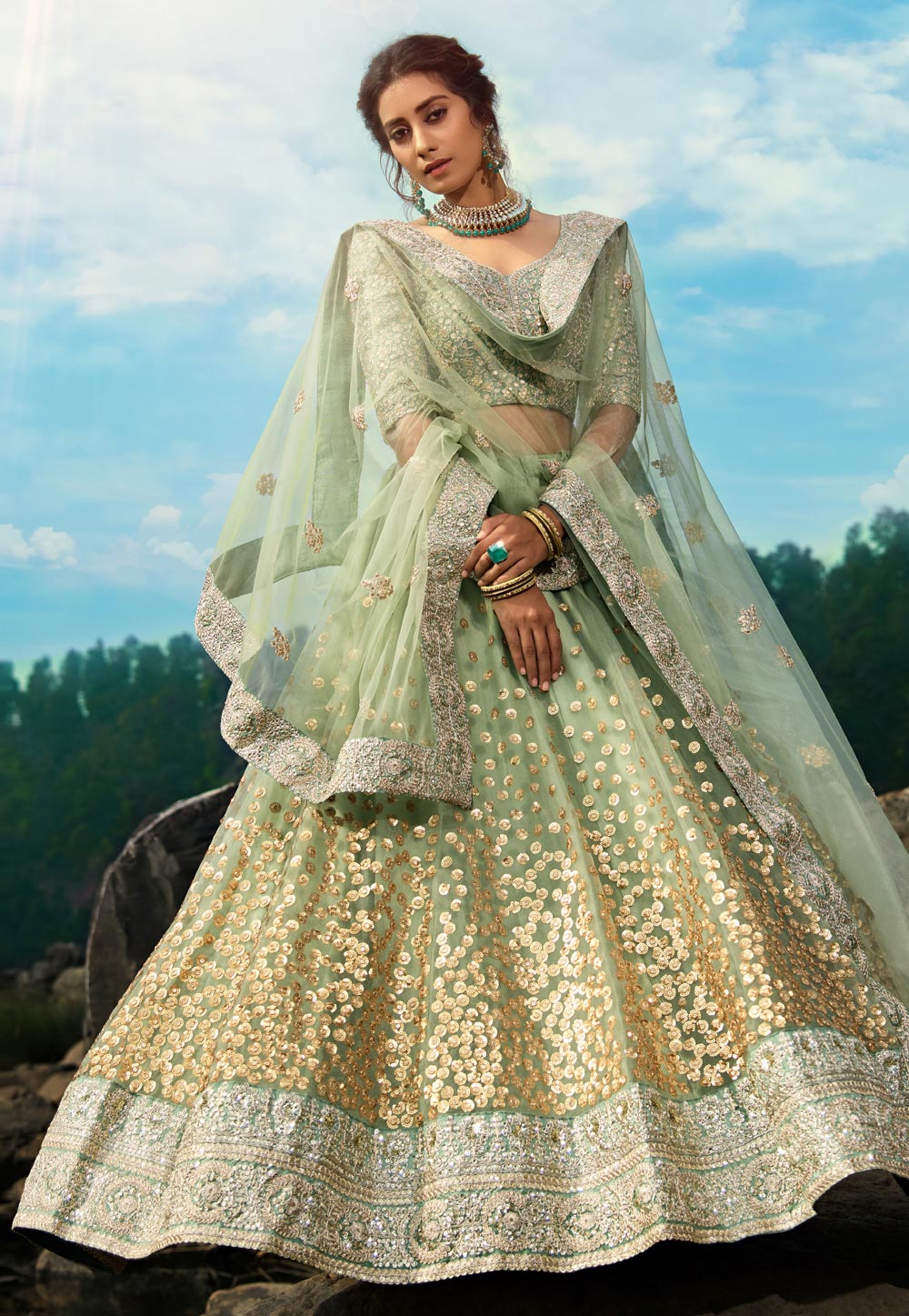 Light Green Color Embroidery Work Bridal Wedding Wear Plus Size Lehenga  Choli -4645156320