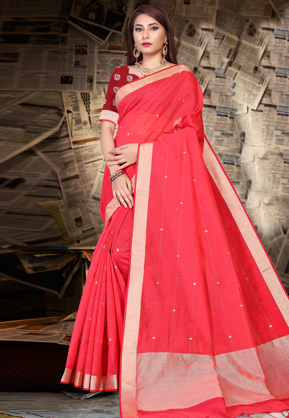 Pink Linen Saree With Blouse 216207