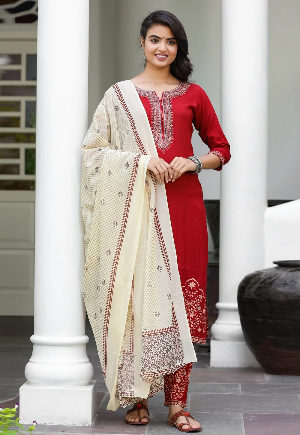 Red Viscose Rayon Readymade Kameez With Pant 241649