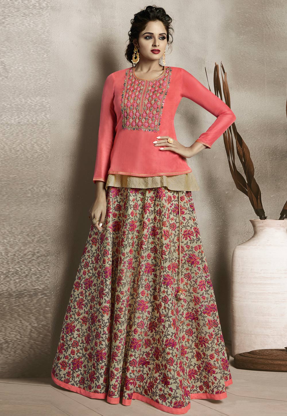 Pink Chanderi Readymade Top and Skirt 155989