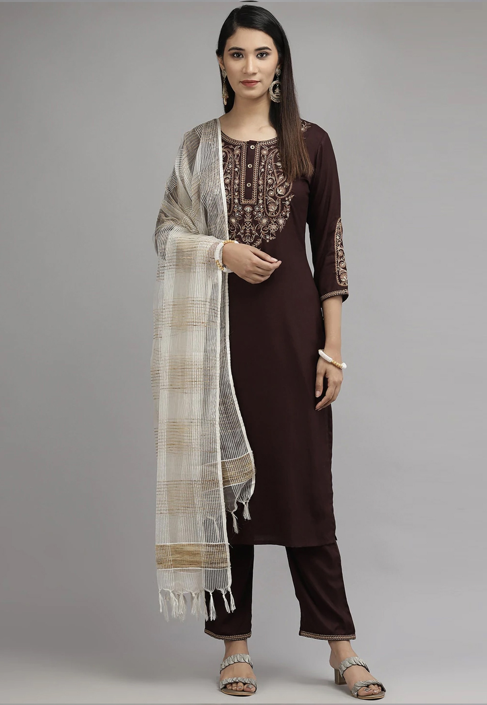 Brown Viscose Rayon Readymade Pant Style Suit 241652