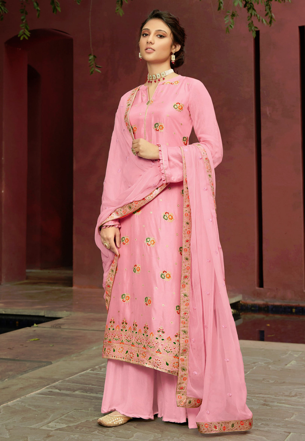 Pink Silk Palazzo Suit 222005