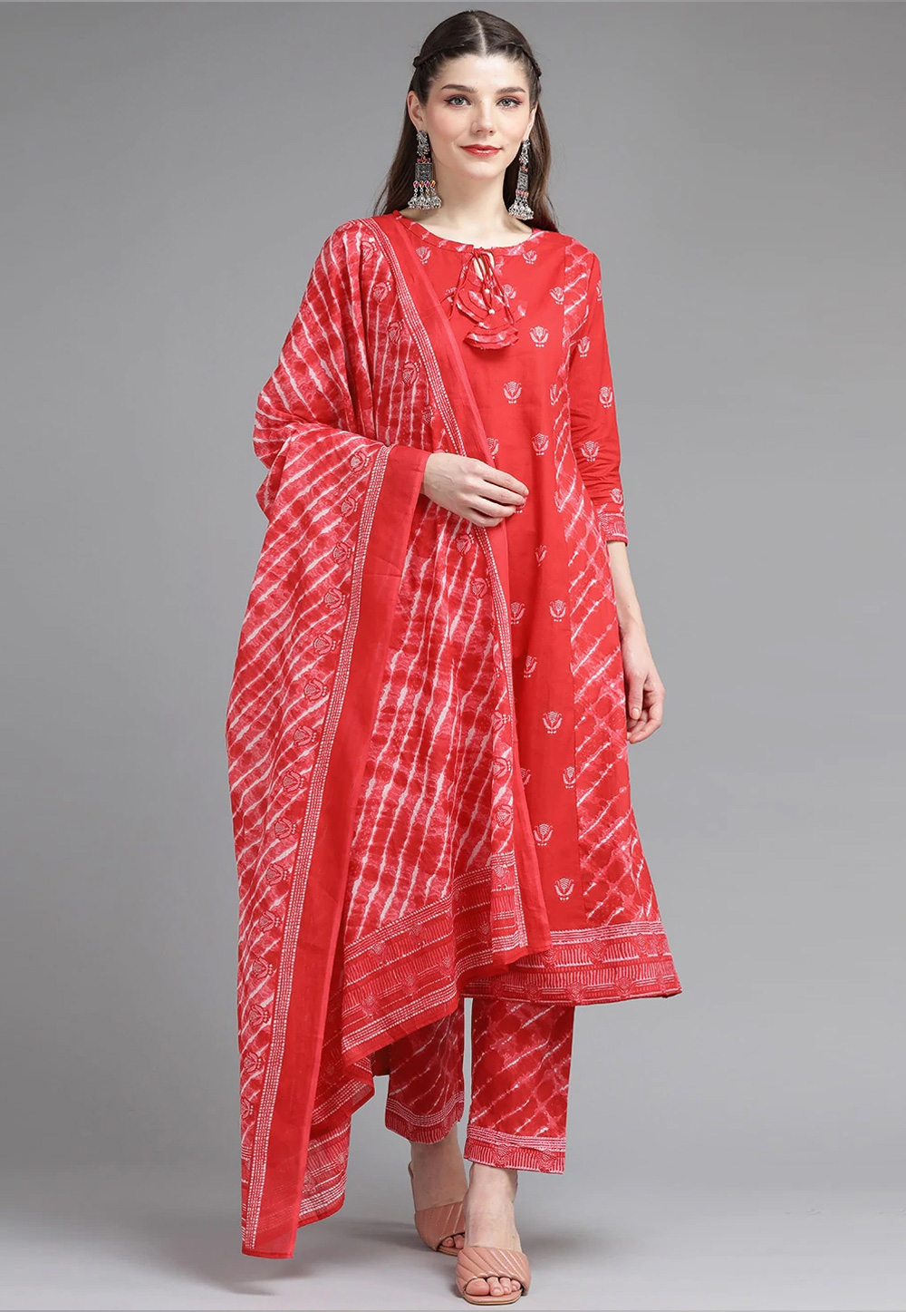 Red Cotton Readymade Kameez With Pant 241659