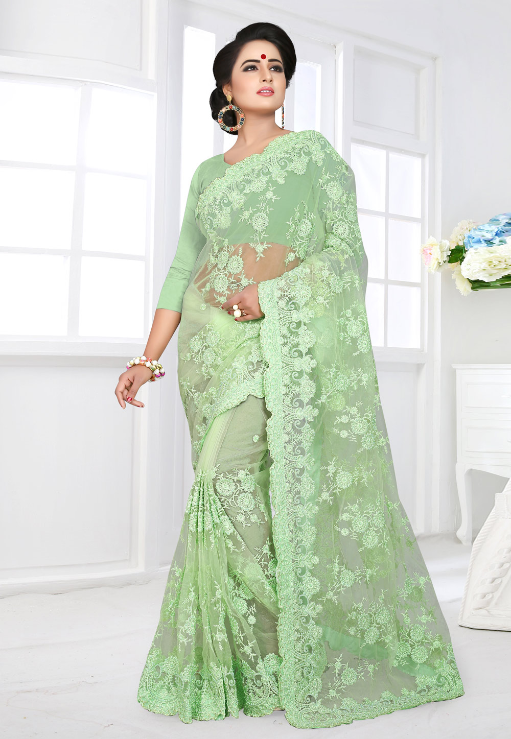 Light Green Net Saree With Blouse 155168